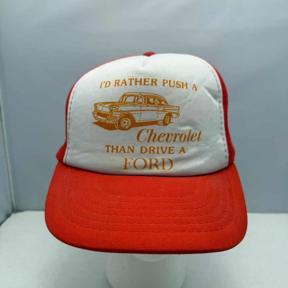 Vtg I'd Rather Push a Chevrolet Than Drive a Ford Trucker Hat Orange Dad Grandpa
